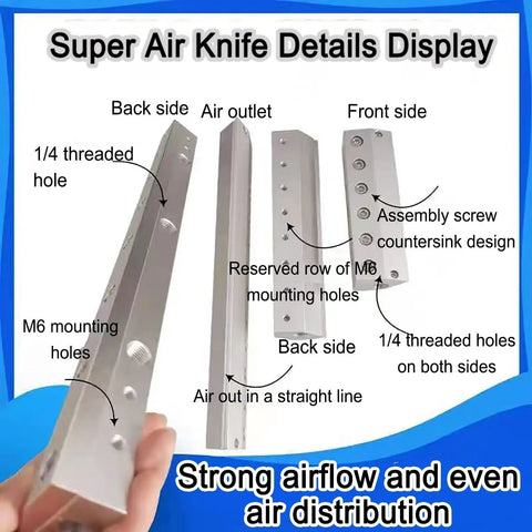 Heavy Duty Aluminum Air Knife Blower That Blasts Dust And Moisture Straight Off showing design features and mounting holes.