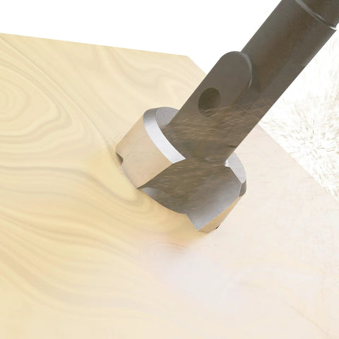 Close-up of Self-Feed Drill Bit 3-Inch, 2-Cutter Wood Boring Bit For Pro-Grade Carpentry drilling into wood with dust.