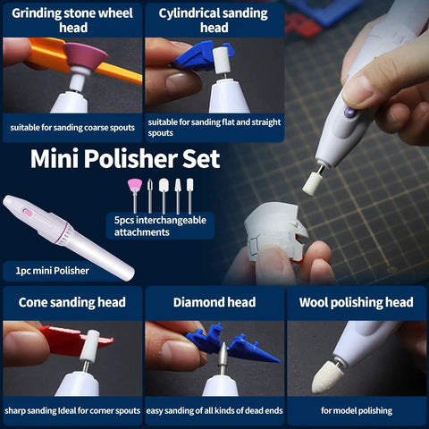 Mini Polisher Set with interchangeable attachments, part of the 78 Piece Gundam Model Tools Kit For Building And Repairing Plastic Models.