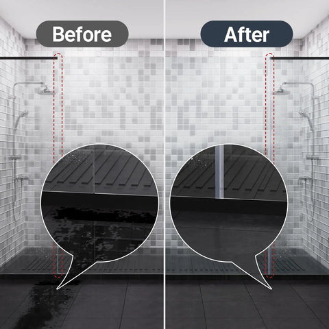 Frameless Glass Shower Door Side Seal Strip Kit For Three Eighth Inch Glass 15.75 Inches Long showing before and after installation.