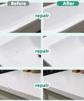 Before and after of sink and countertop repaired using Tile And Fiberglass Tub Repair Kit For Sinks Bathtubs Toilets And Countertops With No Mess Easy Fix 3.52 Oz Adhesive For Porcelain Marble Granite Quartz Ceramic Acrylic And More That Fixes Chips Dents Cracks And Holes Fast