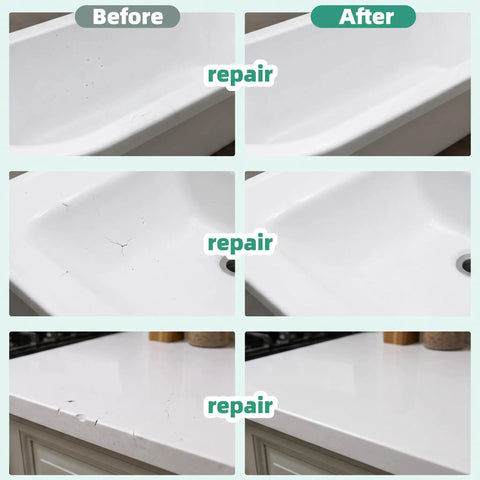 Before and after of sink and countertop repaired using Tile And Fiberglass Tub Repair Kit For Sinks Bathtubs Toilets And Countertops With No Mess Easy Fix 3.52 Oz Adhesive For Porcelain Marble Granite Quartz Ceramic Acrylic And More That Fixes Chips Dents Cracks And Holes Fast