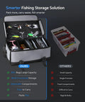 Large Fishing Tackle Bag For Soft Plastic Baits Storage, 20 Piece Clear Storage Bags, Adjustable Dividers, open with contents
