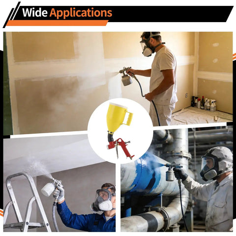 Top Shelf Pneumatic Texture Sprayer Hopper Gun With 0.8 Gallon Hopper Tank And Three Rugged Swappable Nozzles mounted on a bent tube for drywall finishing.