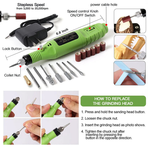 Close-up of a precision electric tool from the 108 Piece Model Tools Kit For Modelers And Hobbyists with interchangeable heads.