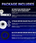 Package includes parts of Must Have Dryer Drum Belt And Idler Pulley Kit With Bracket For Whirlpool Maytag Kenmore Dryers.