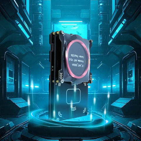 Proxmark3 Easy V5.0 512MB RFID Card Reader Writer IC Card Copier Duplicator with built-in antenna in futuristic lab setting.