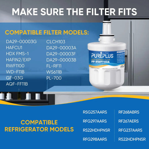 Replacement Refrigerator Water Filter For Samsung DA29-00003G DA29-00003B DA29-00003F DA29-00003A Series Two Pack NSF Certified displayed on kitchen counter.