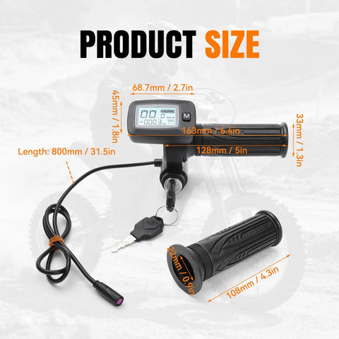 48V Ebike Throttle With M Button LCD Display For Tuttio Soleil 01 showing dimensions and key