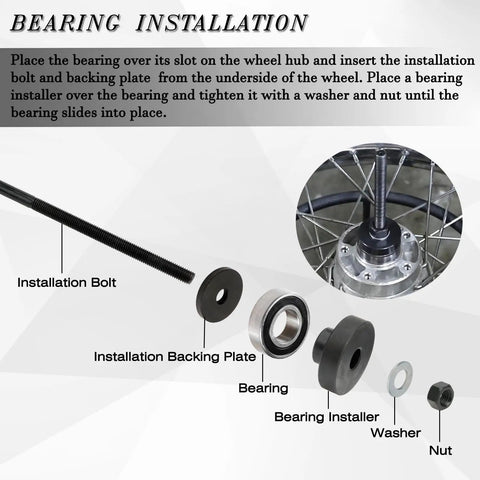 Heavy Duty Wheel Bearing Puller And Press Kit For Harley Davidson Motorcycles showing installation tools including bolt, backing plate, bearing, and installer.