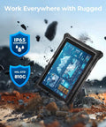 Built Tough Rugged Windows Tablet 10.1 Inch With Windows 11 IoT Enterprise Intel i5 and WiFi 6 16GB RAM 128GB Storage in rugged environment with waterproof and MIL-STD 810G features.