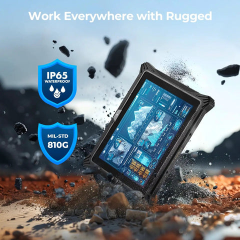 Built Tough Rugged Windows Tablet 10.1 Inch With Windows 11 IoT Enterprise Intel i5 and WiFi 6 16GB RAM 128GB Storage in rugged environment with waterproof and MIL-STD 810G features.