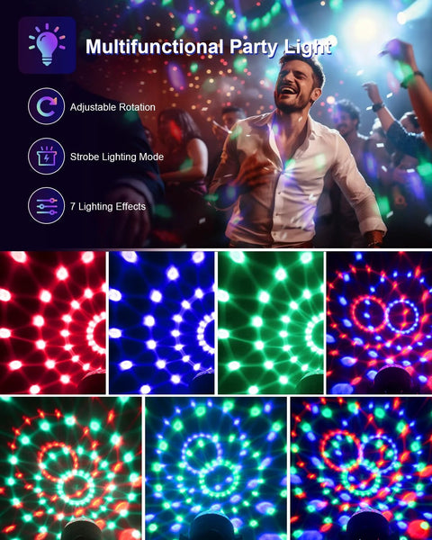 Sound Activated Party Lights With Remote DJ Lighting 7 Modes Rotating Disco Ball displaying various color patterns