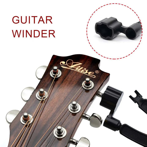 Saphue 3 In 1 Multifunction Guitar String Winder Cutter Pin Puller For Bass And Banjo, ergonomic grip on guitar headstock.
