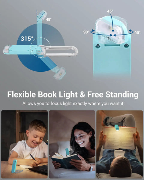 Image showing USB Rechargeable Clip On Book Light For Late Night Reading With Eye Care Glow Portable LED Reading Lamp in use.