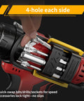 Close-up of drill with Universal Magnetic Bit Holder for Cordless Drills and Screwdrivers, displaying eight bits secured.