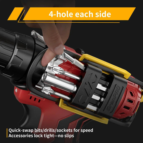 Close-up of drill with Universal Magnetic Bit Holder for Cordless Drills and Screwdrivers, displaying eight bits secured.