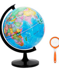Hands On 12 Inch World Globe Kit With Stand For Home Office And Classroom Learning Geography Education Blue DIY Assembly And Build Experience For Kids And Adults showing globe and magnifier
