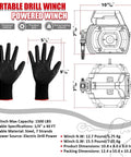 Portable Drill Winch 1500 Pound Capacity With 40 Foot Steel Cable And 360 Degree Swivel Hook No Install Needed for loading