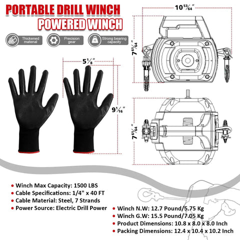 Portable Drill Winch 1500 Pound Capacity With 40 Foot Steel Cable And 360 Degree Swivel Hook No Install Needed for loading