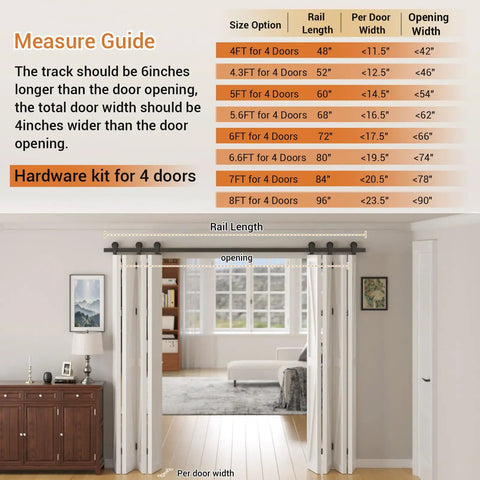 Space Saving Bi Folding Barn Door Hardware Track Kit For Eight Doors, Accordion Style, Heavy Duty, Smooth Operation, Great For Closets, Pantries, Or Room Dividers, For Doors Under 14.75 Inches Wide, Door Not Included