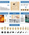 All In One Wood Burning Kit For Adults With Gloves 130 Piece Pyrography Pen Tool Set showing different tips and stencils