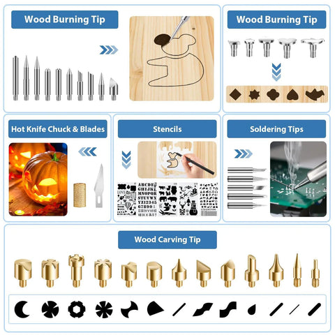 All In One Wood Burning Kit For Adults With Gloves 130 Piece Pyrography Pen Tool Set showing different tips and stencils