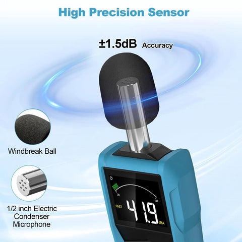Everyday Boss Sound Level Meter For Home And Work handheld blue meter with 1/2 inch condenser microphone and windbreak ball