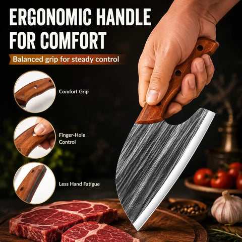 Person holding hand forged cleaver with ergonomic handle, part of 2 piece kitchen knife set for meat veggies and fruits