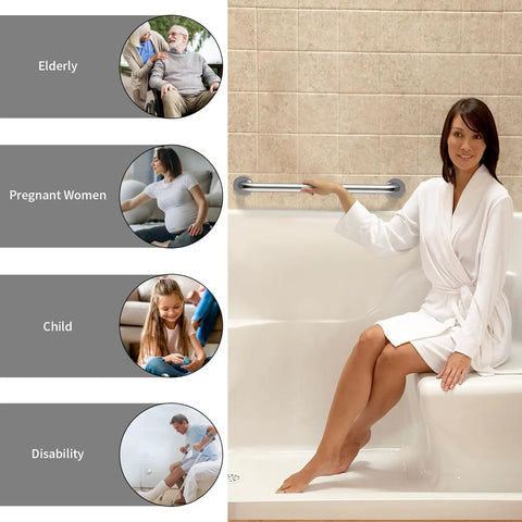 Two Pack 24 Inch Chrome Stainless Shower Grab Bars For Bathroom Safety And Stability No Slip 1.25 Inch Diameter Hand Rails Handicap Elderly Senior Assist Rust Proof Durable Bath Support shown beside woman seated in tub using grab bar