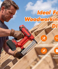 Gutsy Heavy Duty Cordless Nail And Staple Gun, Makita 21V Battery Compatible, in use for woodworking DIY projects.