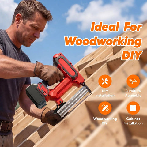 Gutsy Heavy Duty Cordless Nail And Staple Gun, Makita 21V Battery Compatible, in use for woodworking DIY projects.