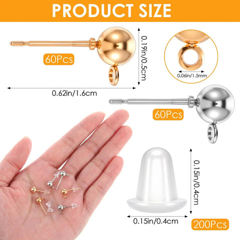 320 Piece Ball Post Earring Stud Set For Jewelry Making, Round Ball Posts With Silicone Ear Plugs, Safe Rust Resistant Metal, Lightweight And Skin Friendly For Women And DIY Jewelry Projects. Gold and silver ball post earrings, 0.62 in posts with 0.15 in silicone backs