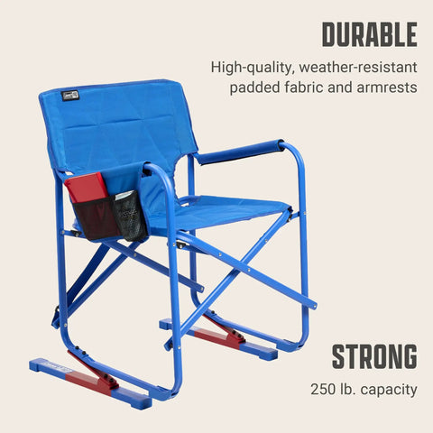 Pro Rocker Chair With Zero G Rocking, Quick Fold Camping Chair, 250 Lb Capacity, padded angled armrests, blue design.