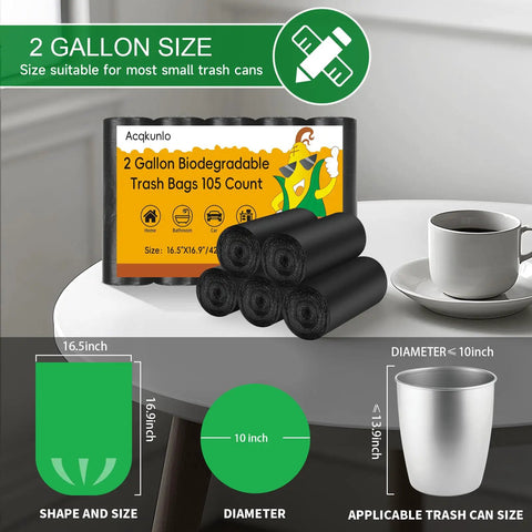 2 Gallon Biodegradable Mini Trash Bags Unscented Black Liners For Bathroom Kitchen Office Car Small Waste Baskets 105 Count Compostable Heavy Duty Bulk Pack For Eco Friendly Cleanup