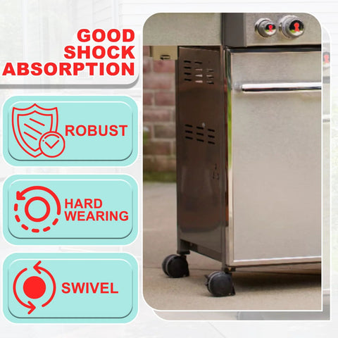 Locking Caster With Insert Replacement Wheel Set shown on a stainless steel grill with shock absorption and swivel features highlighted