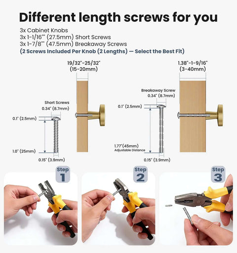 Three Pack 1 1/4 Inch Brushed Gold Solid Zinc Cabinet Knobs with different length screws and installation instructions