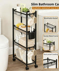 Four Tier Narrow Rolling Storage Cart With Wheels For Tight Spaces, Skinny Metal Mobile Shelf Organizer For Bathroom, Black Finish