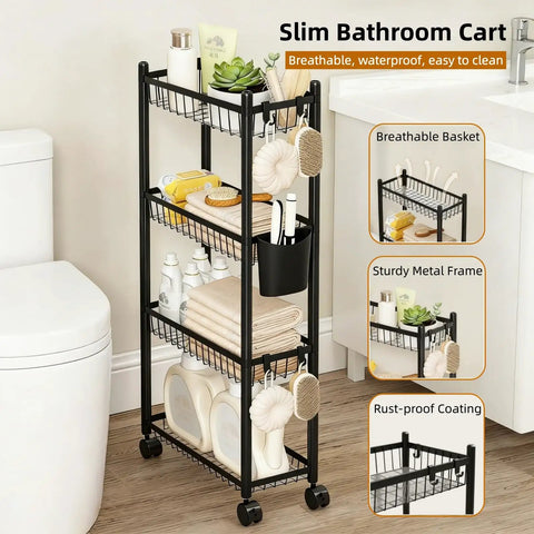 Four Tier Narrow Rolling Storage Cart With Wheels For Tight Spaces, Skinny Metal Mobile Shelf Organizer For Bathroom, Black Finish