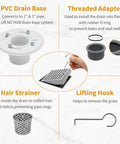PVC drain base, threaded adapter, hair strainer, and lifting hook for 6 Inch Square Shower Drain With Flange In SUS 304 Stainless Steel Watermark Finish Including Hair Strainer Heavy Duty Drain Cover High Flow 43.64 Liters Per Minute Easy Mount Base Flange No Ponding Keeps Your Bathroom Dry And Clean.