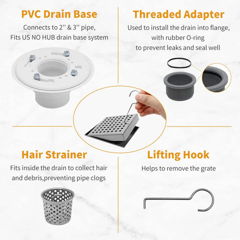 PVC drain base, threaded adapter, hair strainer, and lifting hook for 6 Inch Square Shower Drain With Flange In SUS 304 Stainless Steel Watermark Finish Including Hair Strainer Heavy Duty Drain Cover High Flow 43.64 Liters Per Minute Easy Mount Base Flange No Ponding Keeps Your Bathroom Dry And Clean.