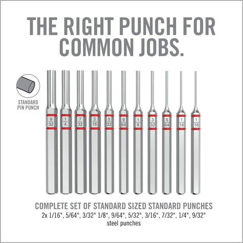11 Piece Standard Punch Set With Pro Grade Heavy Duty Premium Steel Punches That Resist Corrosion Built For The Shop displayed vertically