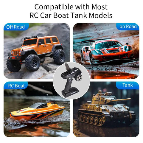 X6 FG 2.4GHz RC Radio Transmitter And Receiver With Gyro For Cars Boats Tanks, 3ms Fast Response shown with cars, boat, tank