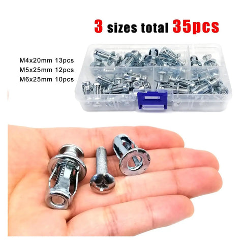 Expansion Rivet Jack Nut Kit For Hollow Walls And Drywall 35 Piece Set In M4 M5 And M6 Heavy Duty DIY Friendly Carbon Steel Construction With Petal Anchors That Expand Behind Walls For Strong Reliable Fastening And Woodworking Projects, 3 sizes total 35pcs