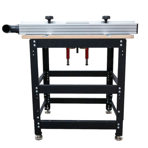 Rock Solid Birch Plywood Router Table Workhorse Featuring Precision Manual Lift Dial And Seamless Aluminum Fence, front view showcasing steel stand.