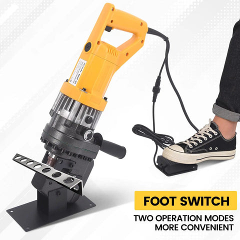 Beefy 1800W 20Ton Electric Hydraulic Hole Puncher with Five Dies and Foot Pedal in use on metal material