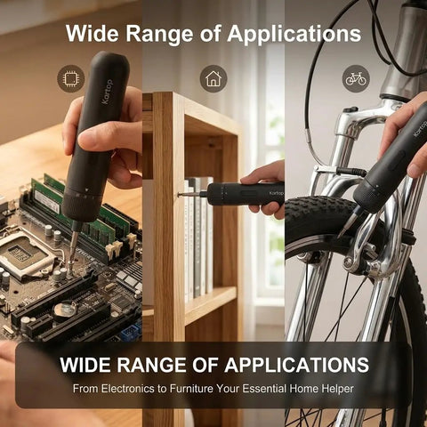 Slick Cordless Electric Screwdriver Kit With 21 Magnetic Bits And 2000mAh Rechargeable Battery used on electronics, furniture, and bikes.