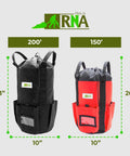 Rope Storage Bag For Rock Climbing Gear Bucket Style Backpack Waterproof 1000D Nylon Heavy Duty Arborist Equipment Organizer with 200 ft capacity in black and 150 ft in red, dimensions shown.