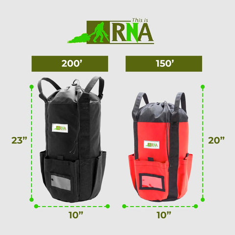 Rope Storage Bag For Rock Climbing Gear Bucket Style Backpack Waterproof 1000D Nylon Heavy Duty Arborist Equipment Organizer with 200 ft capacity in black and 150 ft in red, dimensions shown.