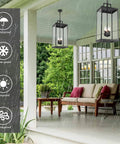 Large Twenty Five Inch Outdoor Pendant Light With Clear Glass And Sturdy Metal Build Straight Up, hanging in rain on a porch.